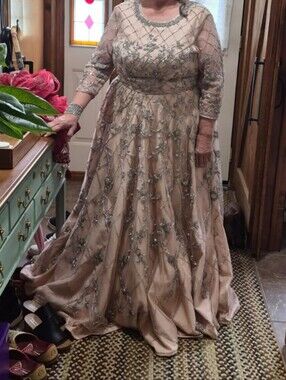 Embroidered Blush Dress with Sheer Sleeves